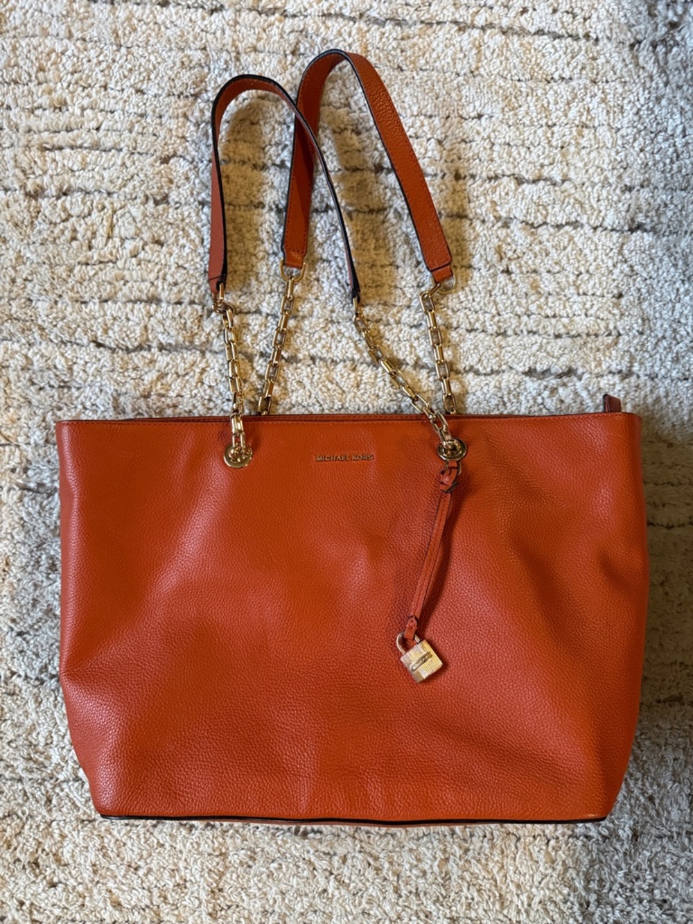 Michael Kors Burnt Orange Pebbled Leather Tote with Gold Chain Straps